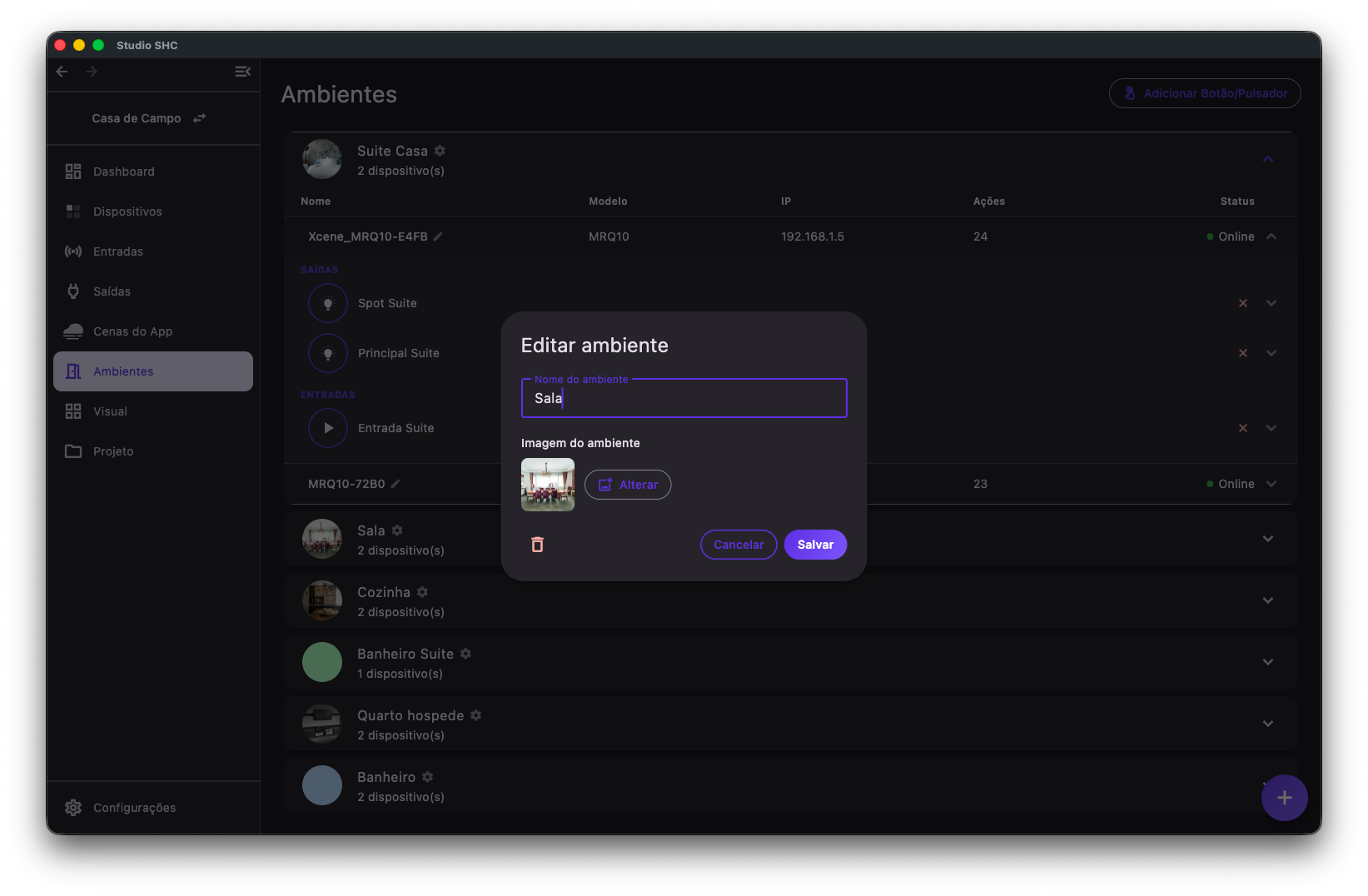 Janela de editar ambiente