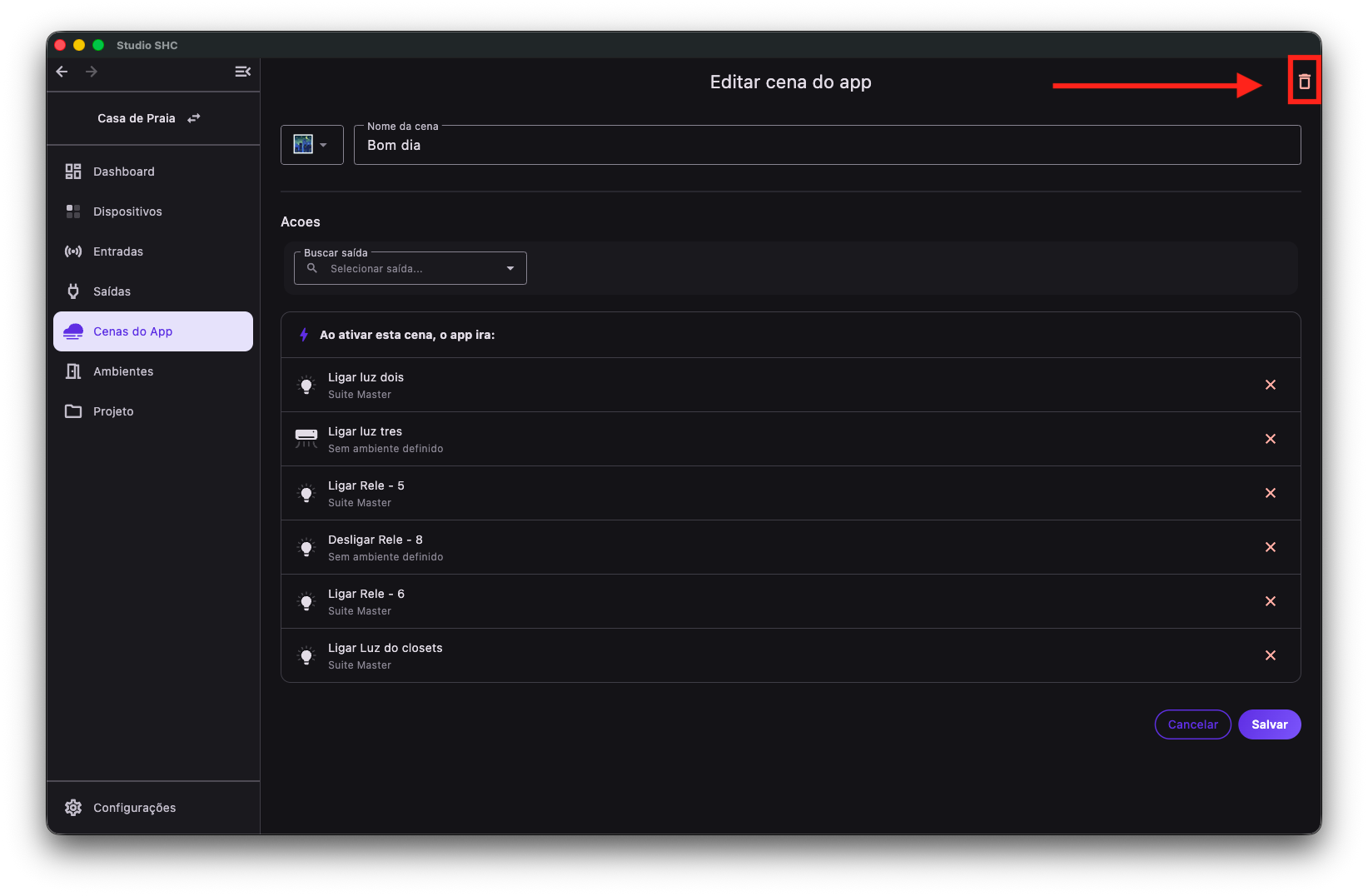 Tela editar ações delete