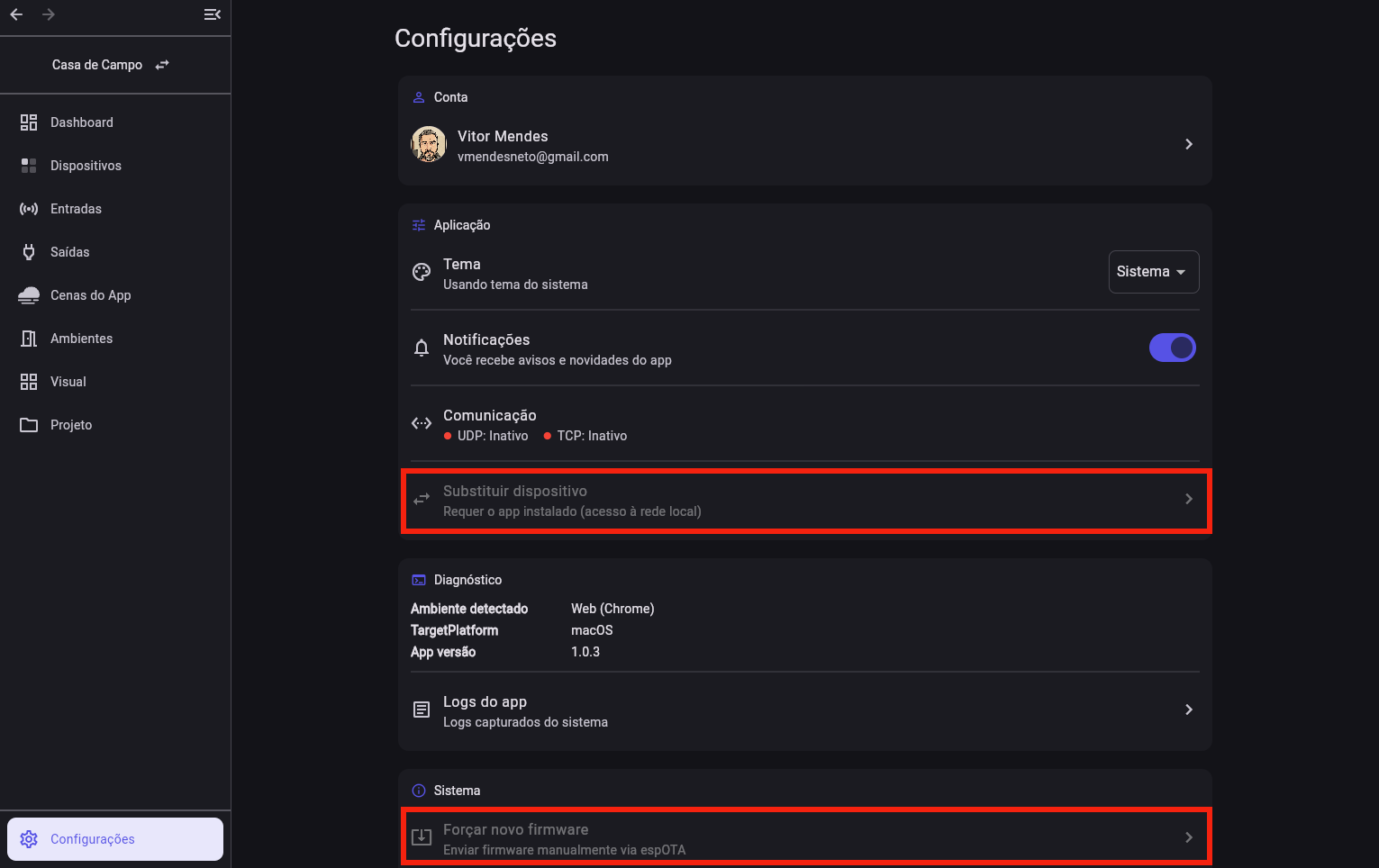 Configurações abertas no navegador