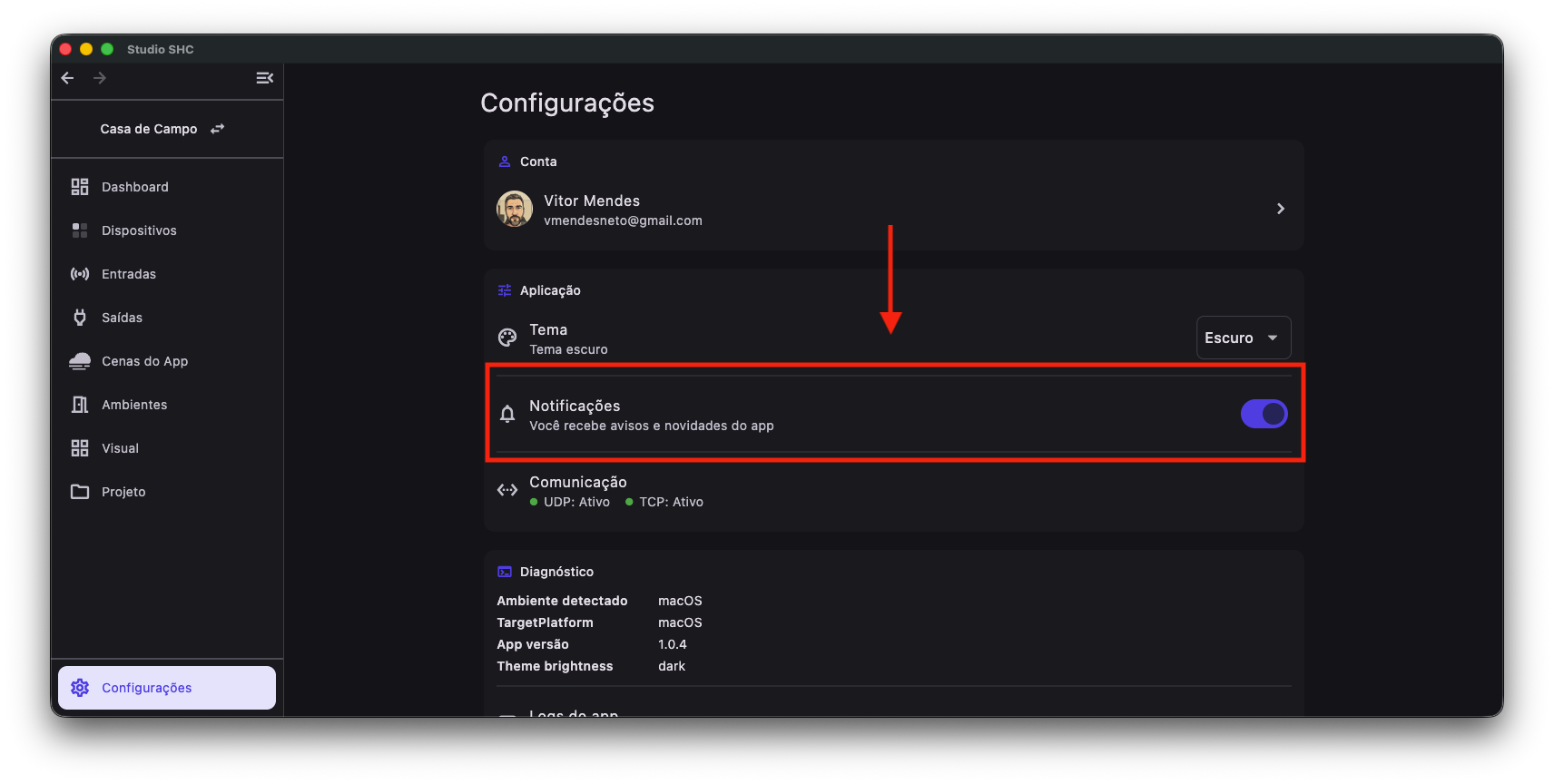 Tela de notificacao