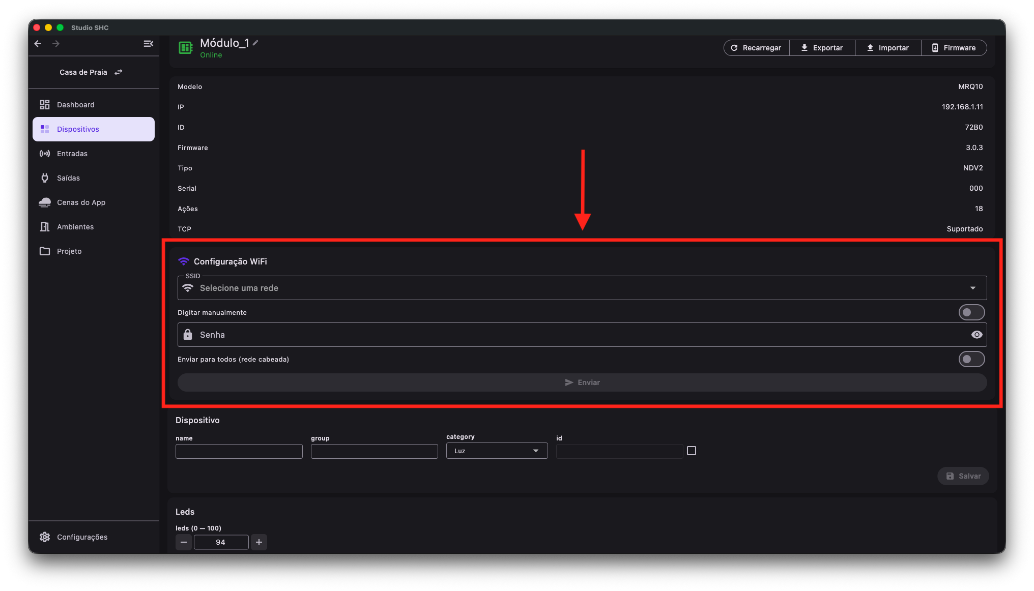 Bloco Configuração WiFi nos detalhes do dispositivo