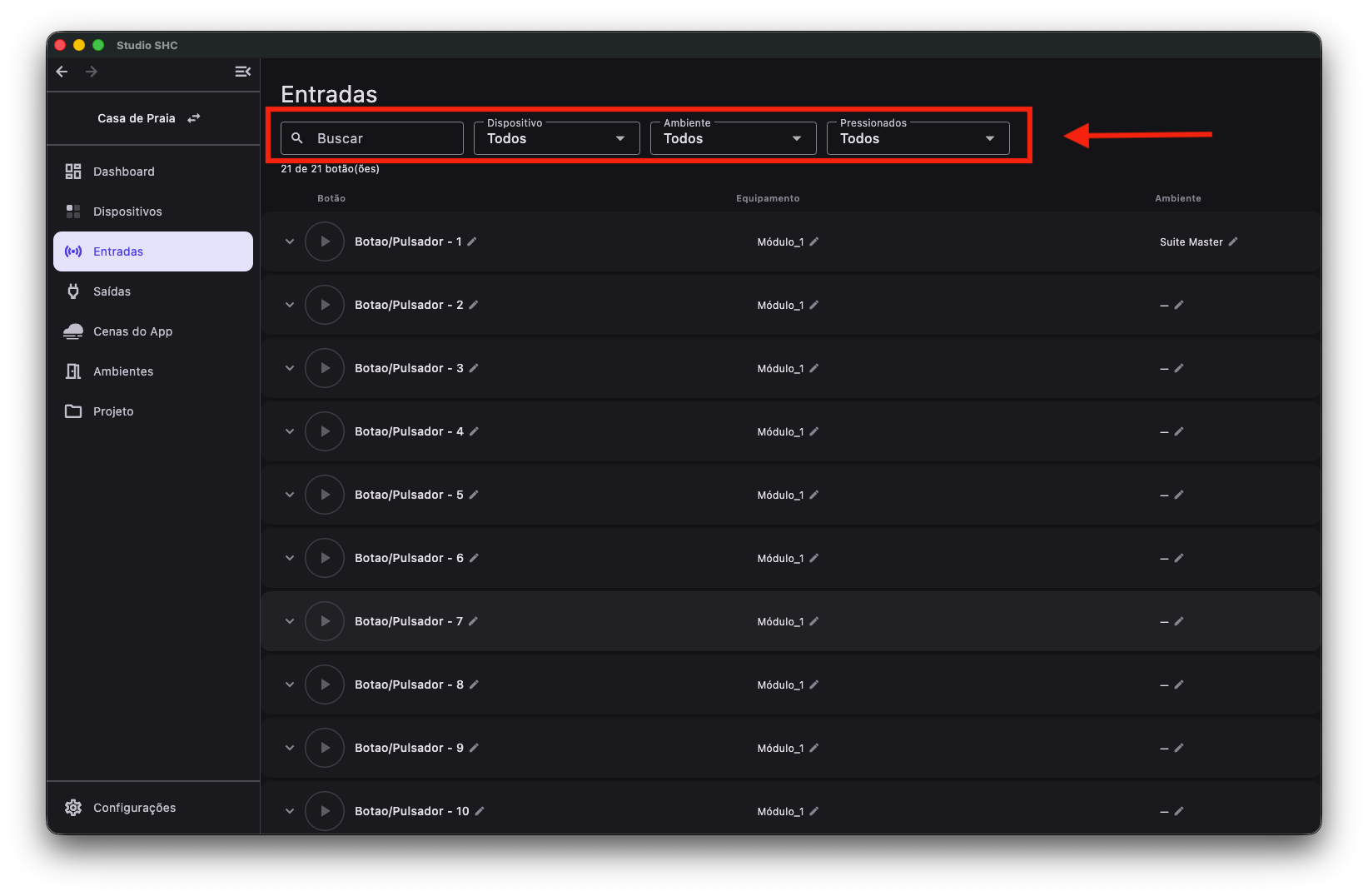 Filtros da lista de entradas