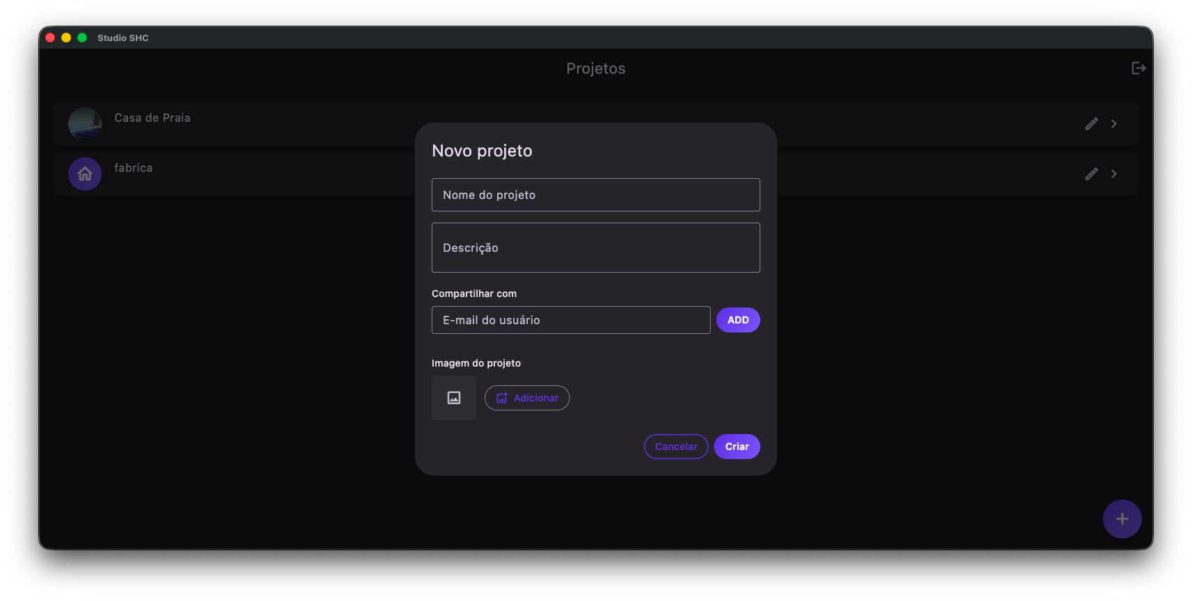 Tela de criar_projetos_modal