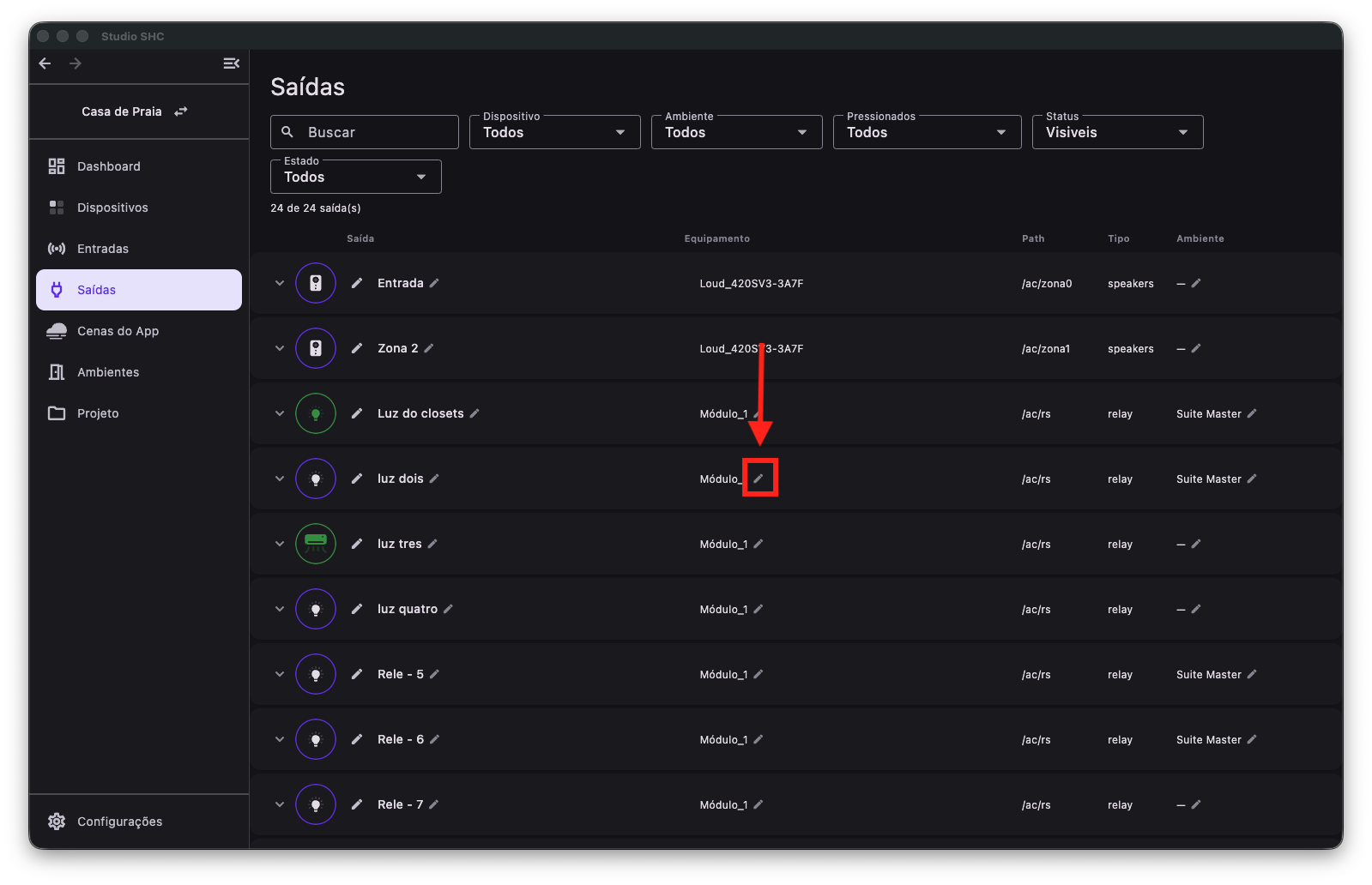 Editar o nome do equipamento pela lista de saídas