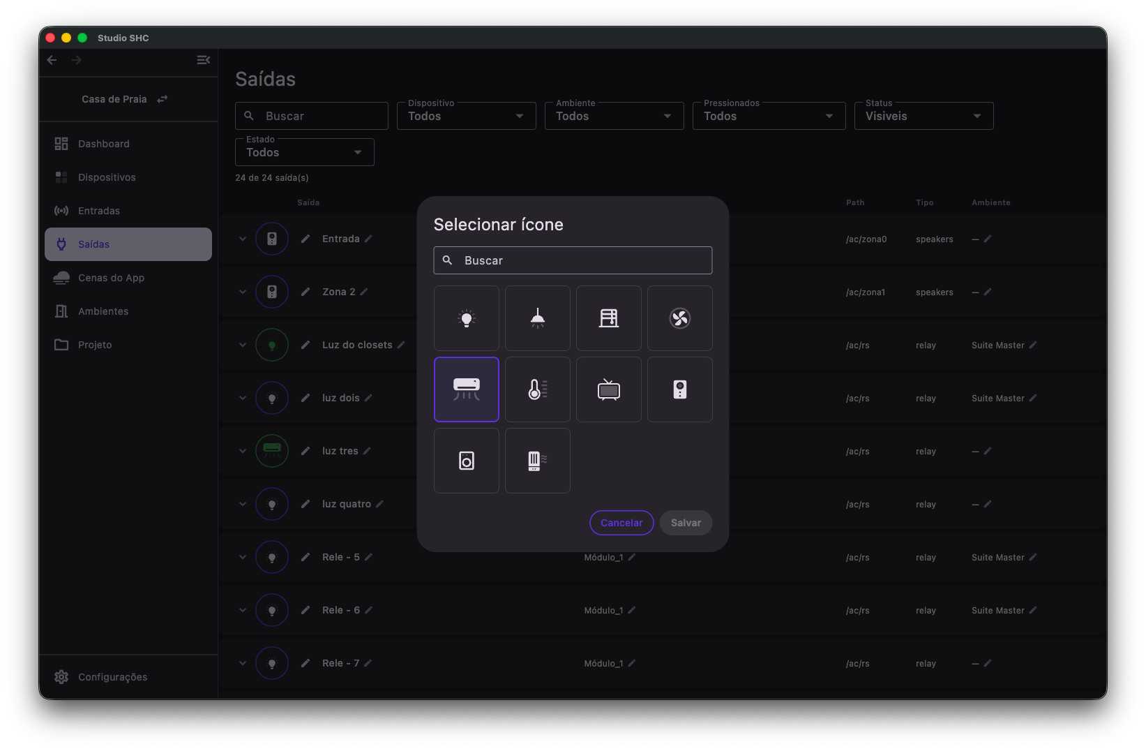Tela de selecionar ícone